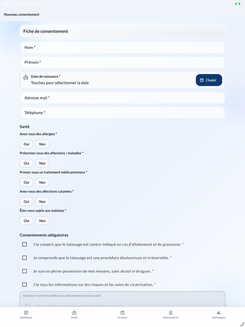 Écran de saisie du consentement piercing client sur iPad