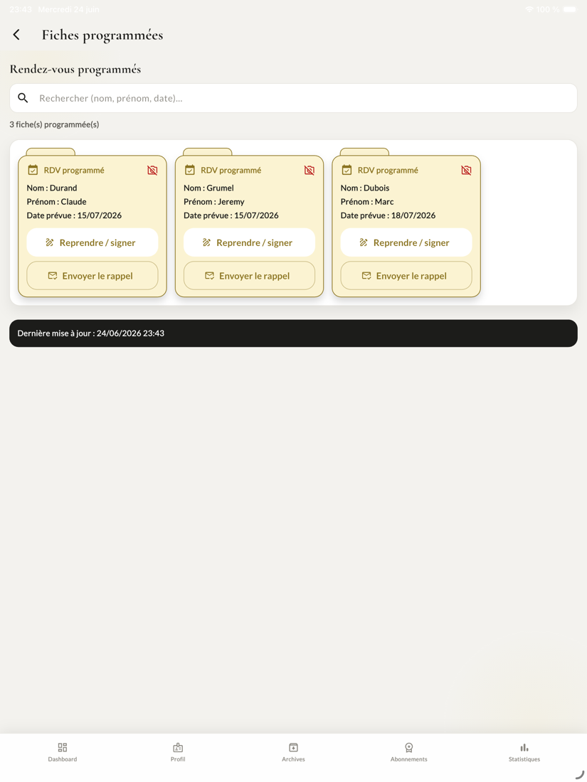 Page des rendez-vous programmés et rappels par e-mail sur iPad