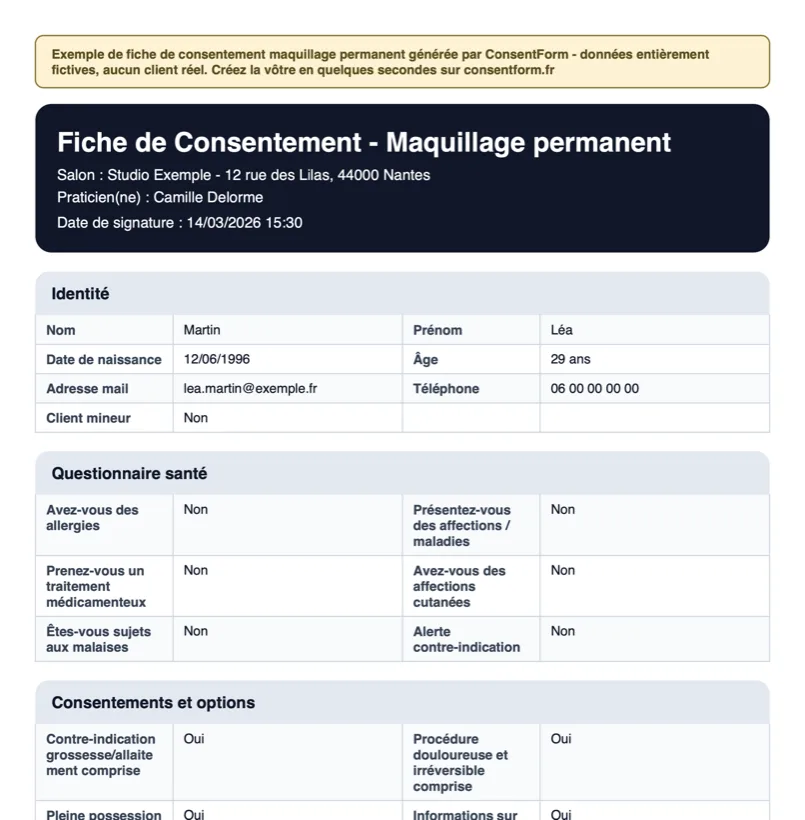 Exemple de fiche de consentement maquillage permanent en PDF générée par ConsentForm : en-tête du studio, identité du client, questionnaire de santé et consentements.