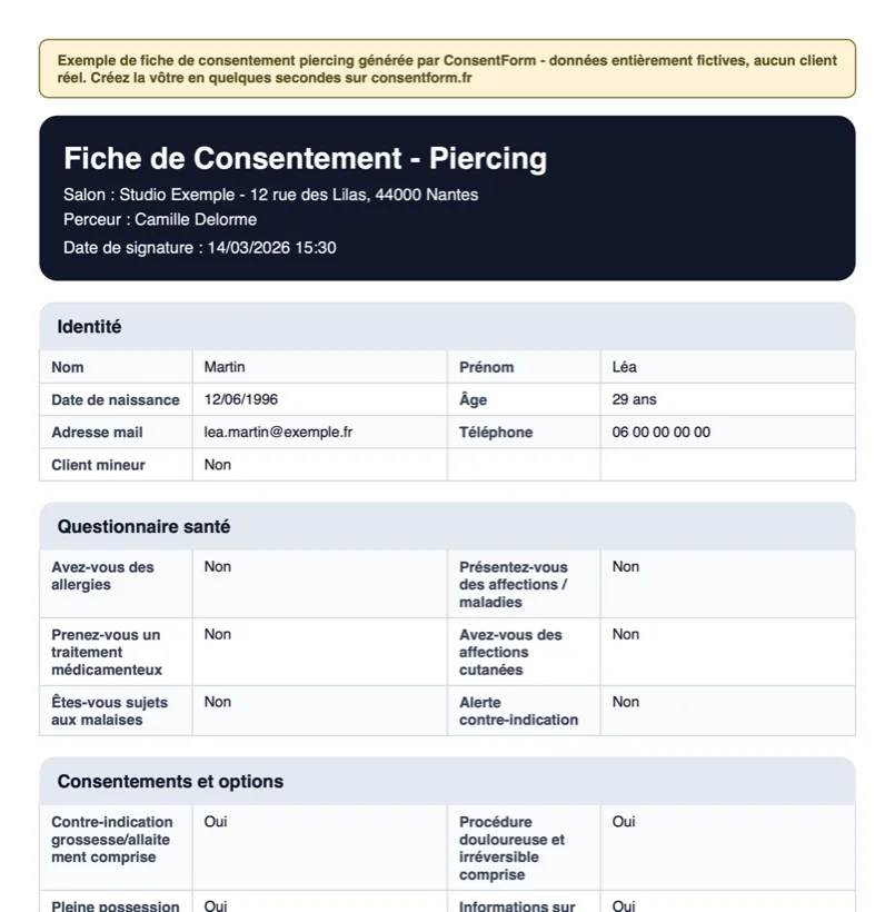 Exemple de fiche de consentement piercing en PDF générée par ConsentForm : en-tête du studio, identité du client, questionnaire de santé et consentements.
