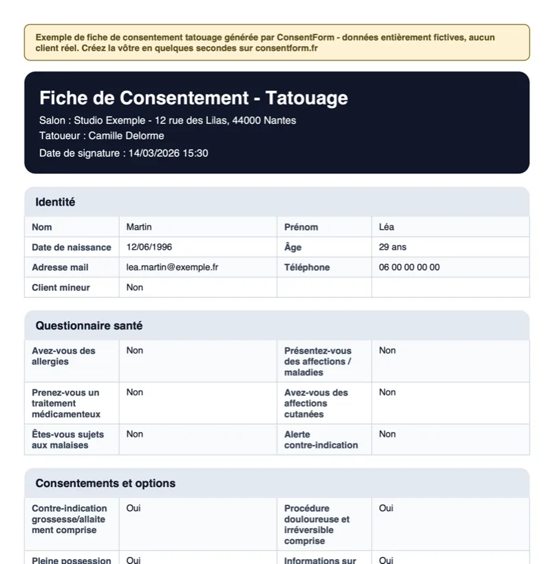 Exemple de fiche de consentement tatouage en PDF générée par ConsentForm : en-tête du studio, identité du client, questionnaire de santé et consentements.